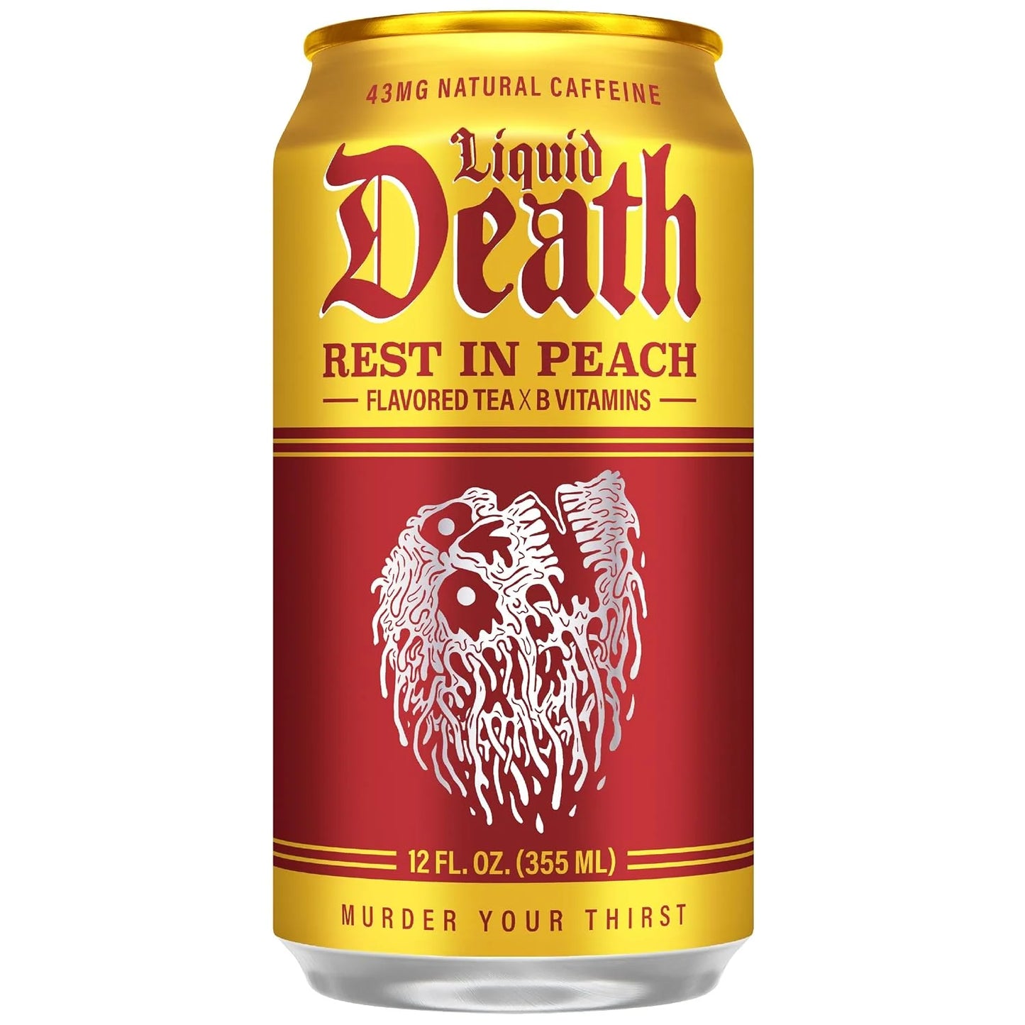 Liquid Death Iced Tea - Rest In Peach (Peach-Flavored Black Tea), Less Sugar*, Boost of Caffeine, B Vitamins, No Artificial Sweeteners, 12 Fl Oz (Pack of 12)