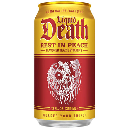 Liquid Death Iced Tea - Rest In Peach (Peach-Flavored Black Tea), Less Sugar*, Boost of Caffeine, B Vitamins, No Artificial Sweeteners, 12 Fl Oz (Pack of 12)