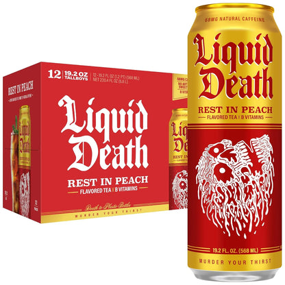 Liquid Death Iced Tea - Rest In Peach (Peach-Flavored Black Tea), Less Sugar*, Boost of Caffeine, B Vitamins, No Artificial Sweeteners, King Size 19.2 Fl Oz (Pack of 12)