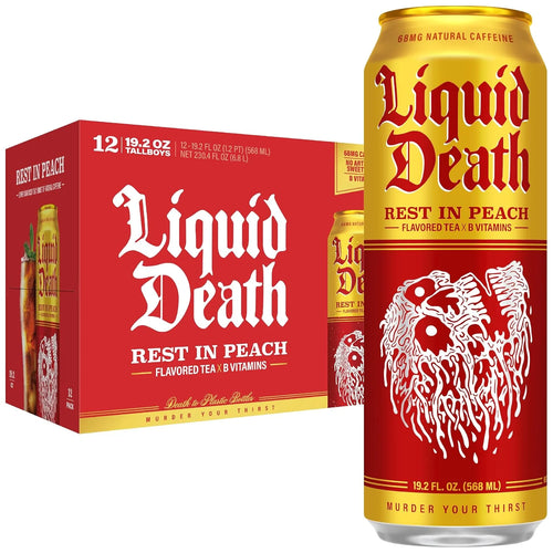 Liquid Death Iced Tea - Rest In Peach (Peach-Flavored Black Tea), Less Sugar*, Boost of Caffeine, B Vitamins, No Artificial Sweeteners, King Size 19.2 Fl Oz (Pack of 12)