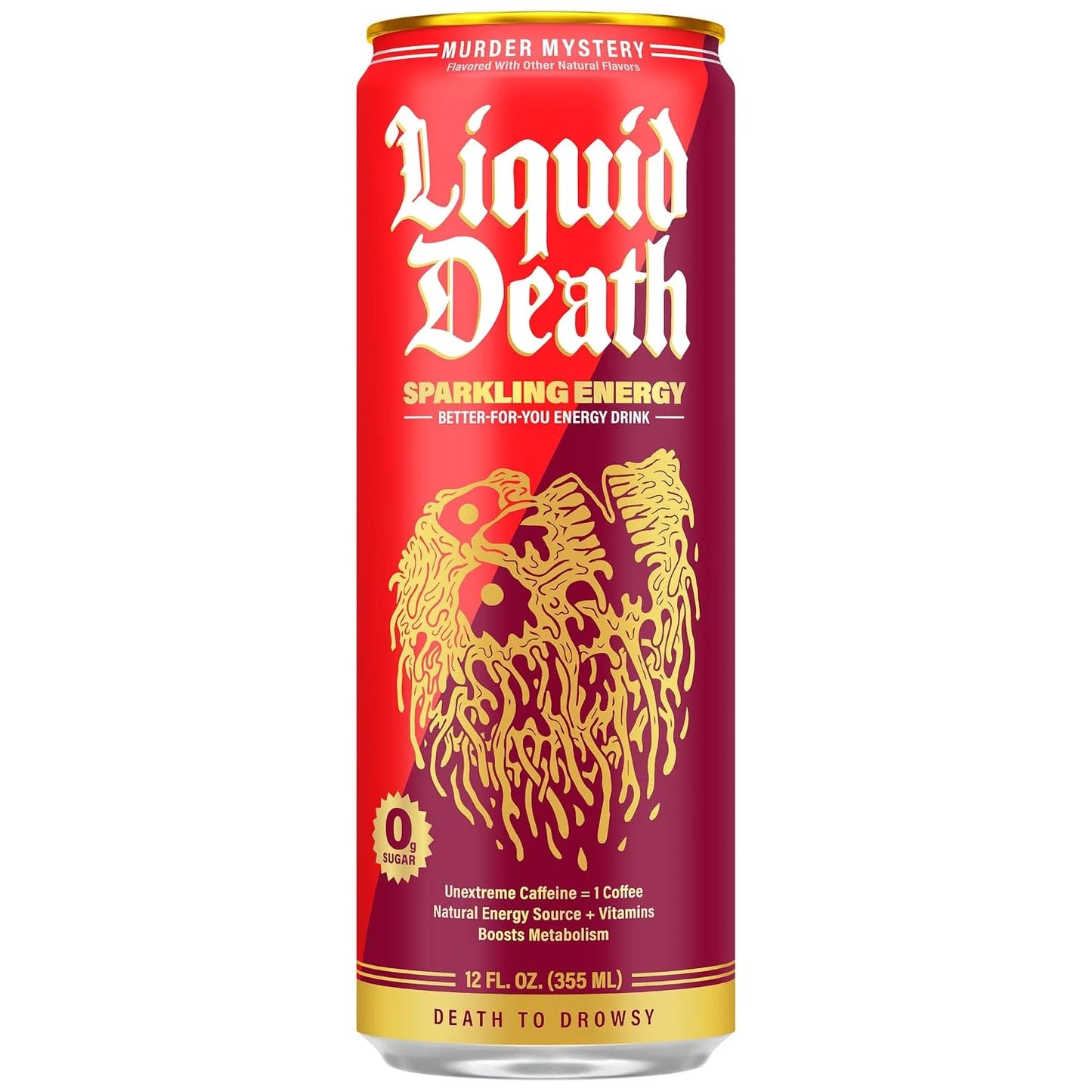 Liquid Death Sparkling Energy - Murder Mystery (Cherry, Cream, Spice), Zero Sugar Energy Drink, Unextreme Caffeine 100mg, Essential Vitamins, 12 Fl Oz (Pack of 12)