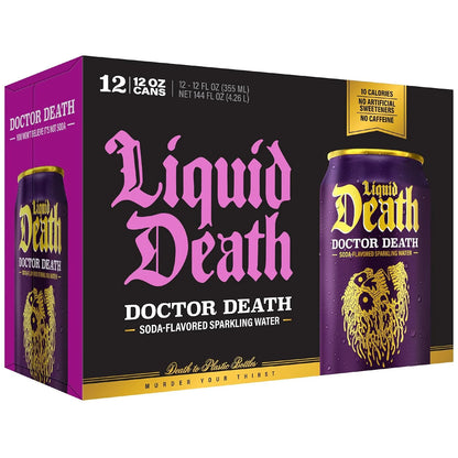 Liquid Death Soda-Flavored Sparkling Water - Doctor Death (Cherry, Cream, Spice), Less Sugar*, Huge Flavor, No Caffeine, No Artificial Sweeteners, 12 Fl Oz (Pack of 12)