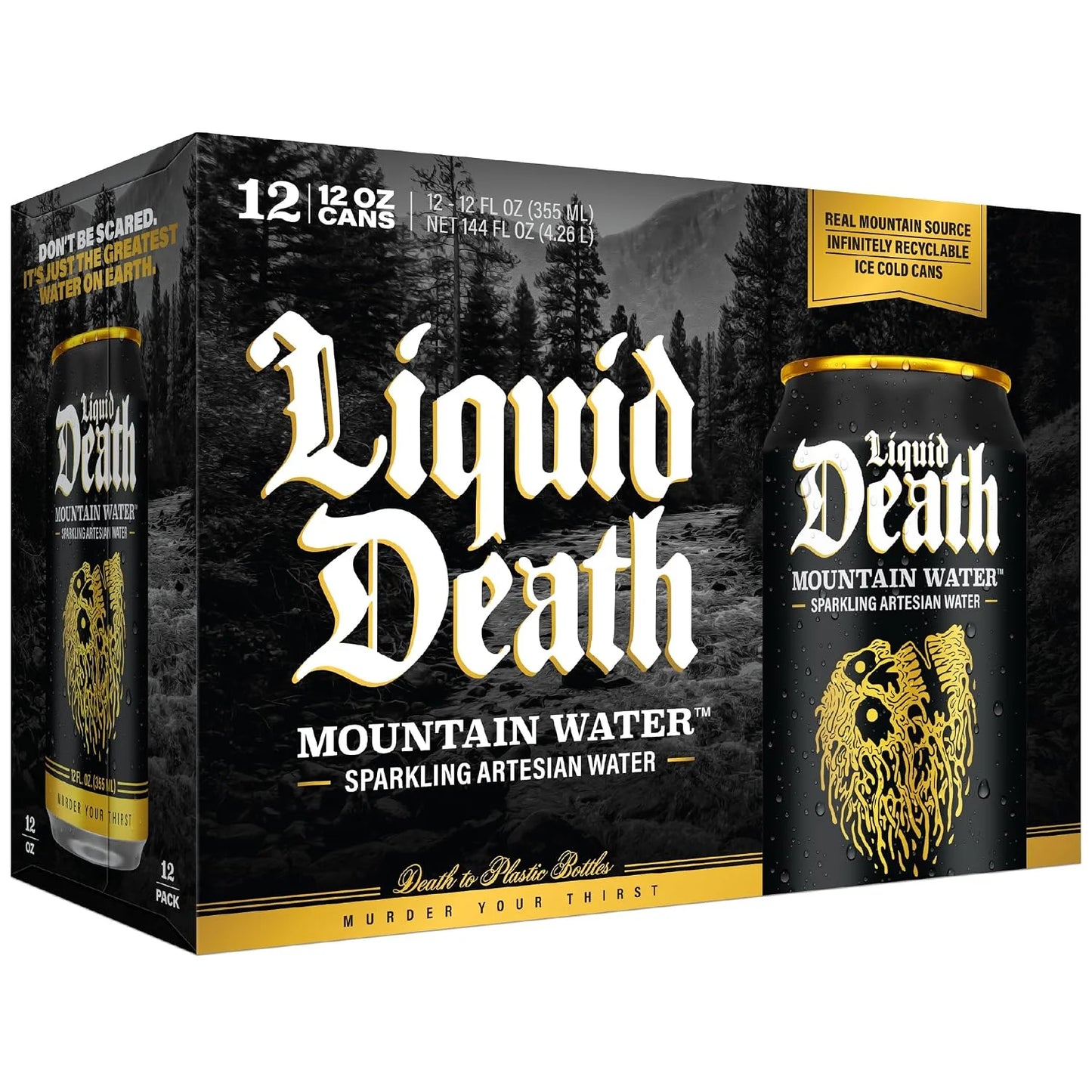 Liquid Death Sparkling Mountain Water, Real Mountain Source, Ice-Cold Cans, Infinitely Recyclable, 12 Fl Oz (Pack of 12)