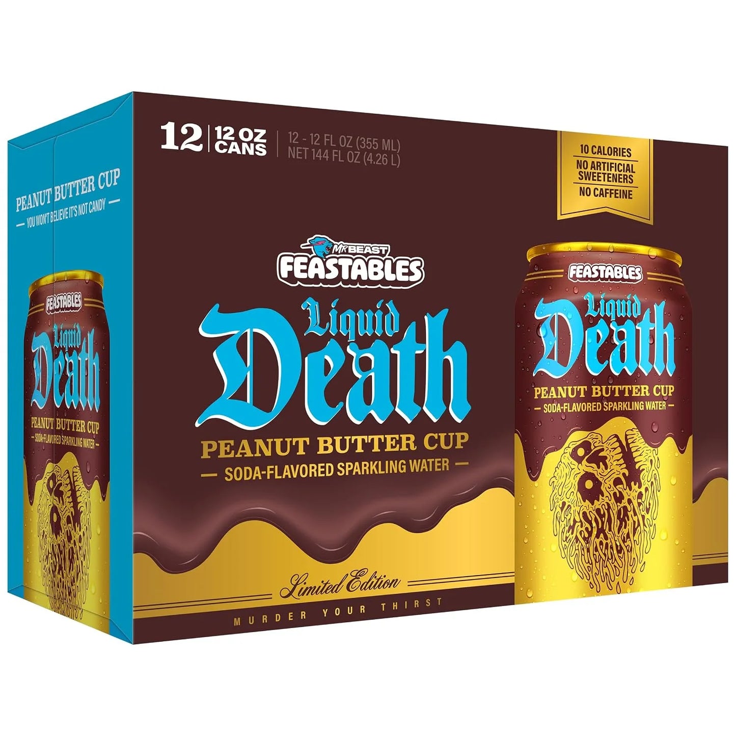 Liquid Death Soda-Flavored Sparkling Water - Feastables Peanut Butter Cup, Less Sugar*, Huge Flavor, No Caffeine, No Artificial Sweeteners, 12 Fl Oz (Pack of 12)