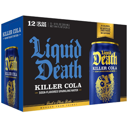 Liquid Death Soda-Flavored Sparkling Water - Killer Cola, Less Sugar*, Huge Flavor, No Caffeine, No Artificial Sweeteners, 12 Fl Oz (Pack of 12)
