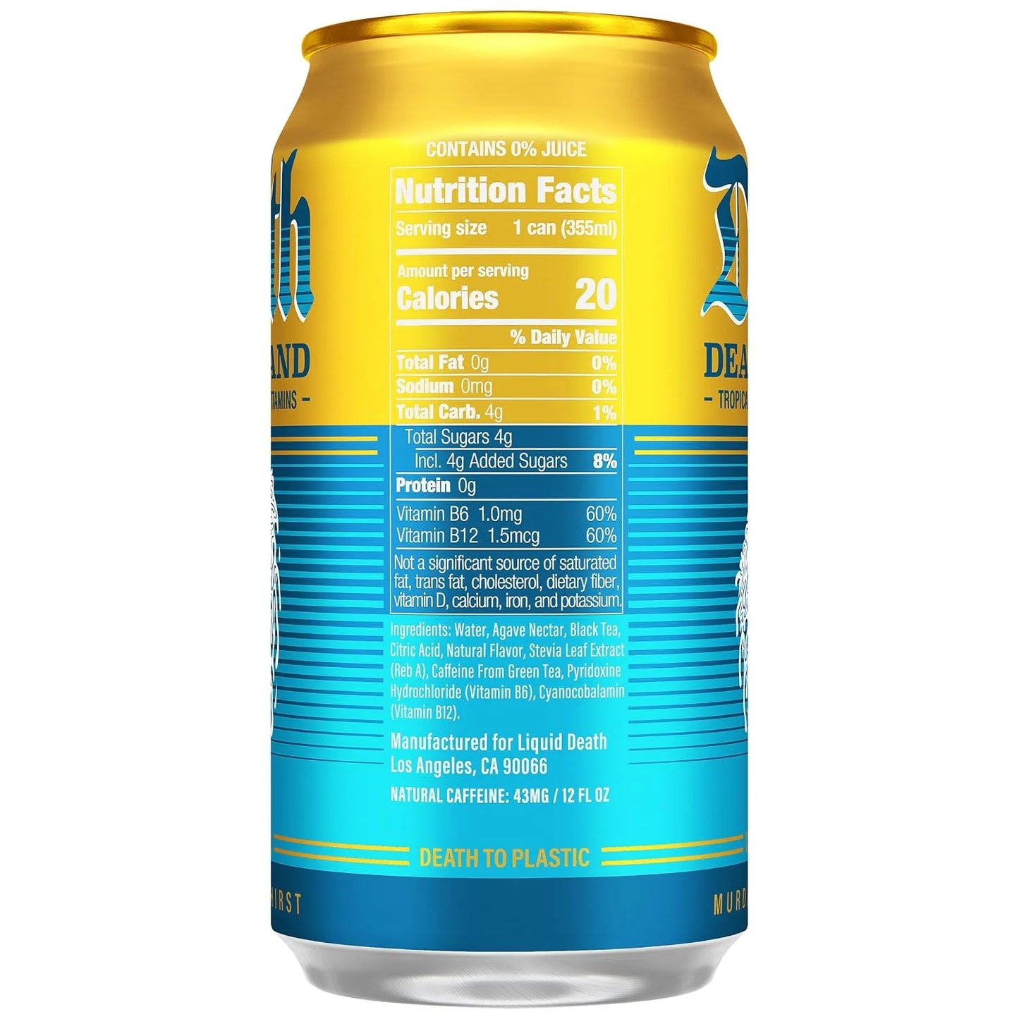 Liquid Death Iced Tea - Death Island (Tropical-Flavored Black Tea), Less Sugar*, Boost of Caffeine, B Vitamins, No Artificial Sweeteners, 12 Fl Oz (Pack of 12)