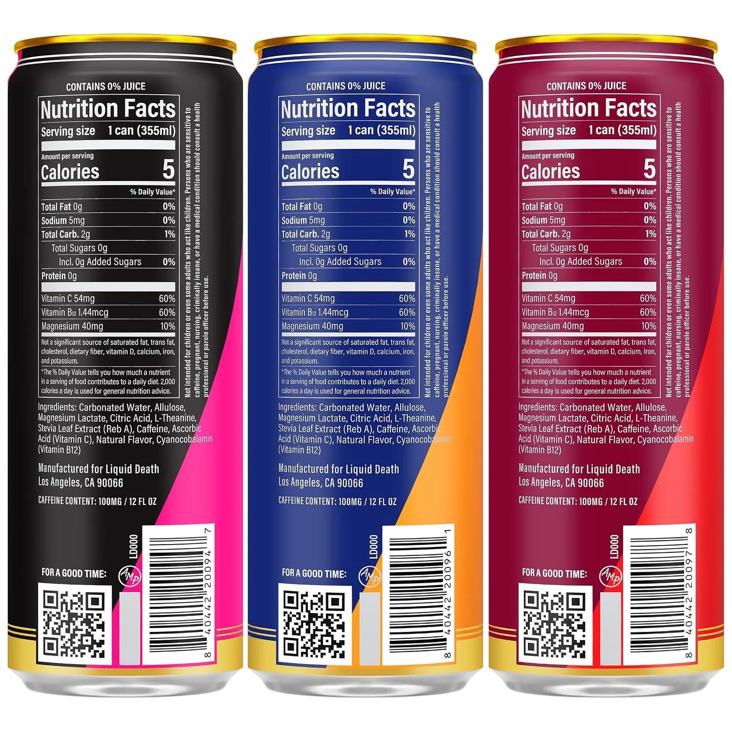 Liquid Death Sparkling Energy Variety Pack, Zero Sugar Energy Drink, Unextreme Caffeine 100mg, Essential Vitamins, 3 Flavors: Strawberry, Orange, and Murder Mystery, 12 Fl Oz (Pack of 12)