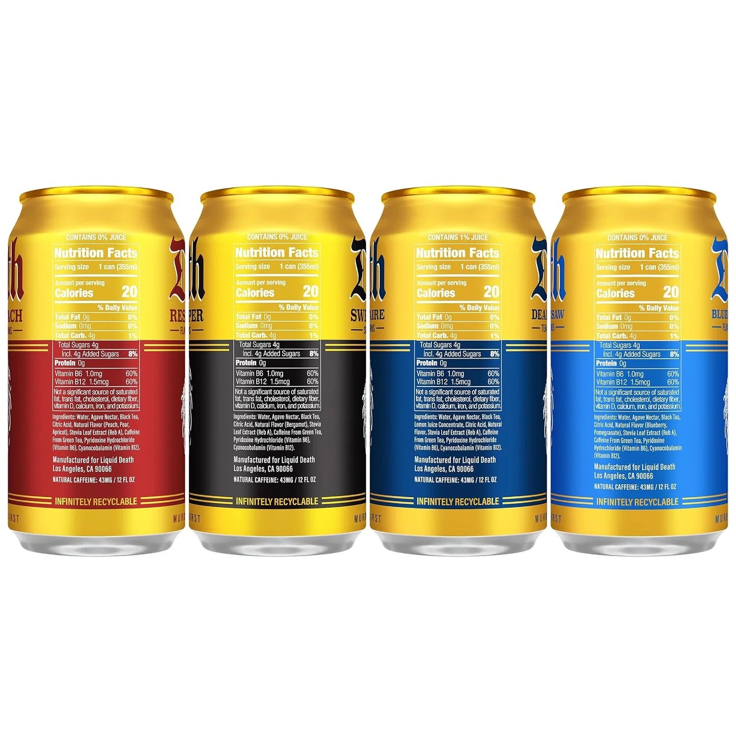 Liquid Death Iced Tea - O.G. Variety, Less Sugar*, Boost of Caffeine, B Vitamins, No Artificial Sweeteners, 4 Flavors: Tea/Lemonade, Rest in Peach, Sweet Reaper, Blueberry Buzzsaw, 12 Fl Oz (Pack of 12)