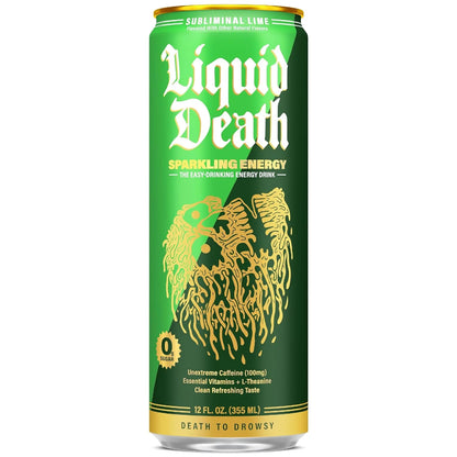Liquid Death Sparkling Energy - Subliminal Lime (Lemon Lime), Zero Sugar Energy Drink, Unextreme Caffeine 100mg, Essential Vitamins, 12 Fl Oz (Pack of 12)