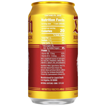 Liquid Death Iced Tea - Rest In Peach (Peach-Flavored Black Tea), Less Sugar*, Boost of Caffeine, B Vitamins, No Artificial Sweeteners, 12 Fl Oz (Pack of 12)