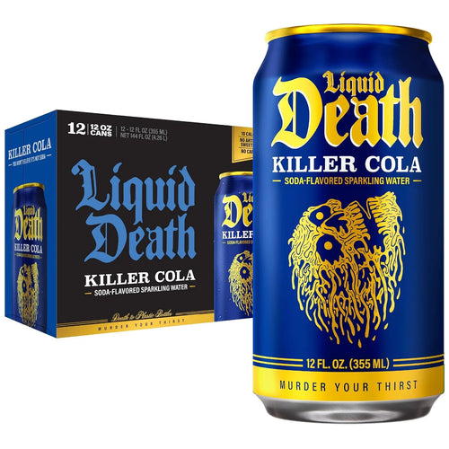 Liquid Death Soda-Flavored Sparkling Water - Killer Cola, Less Sugar*, Huge Flavor, No Caffeine, No Artificial Sweeteners, 12 Fl Oz (Pack of 12)