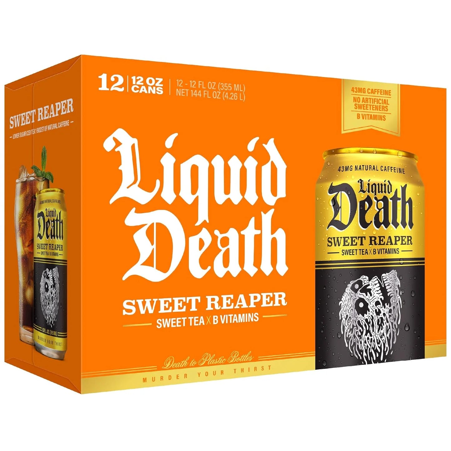 Liquid Death Iced Tea - Sweet Reaper (Black Sweet Tea), Less Sugar*, Boost of Caffeine, B Vitamins, No Artificial Sweeteners, 12 Fl Oz (Pack of 12)