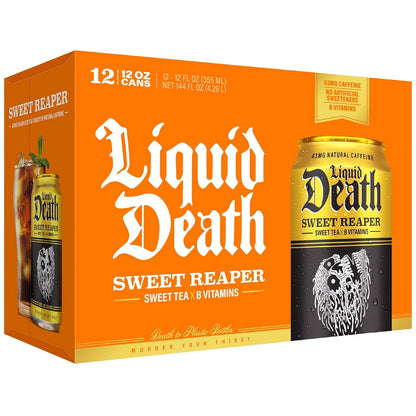 Liquid Death Iced Tea - Sweet Reaper (Black Sweet Tea), Less Sugar*, Boost of Caffeine, B Vitamins, No Artificial Sweeteners, 12 Fl Oz (Pack of 12)