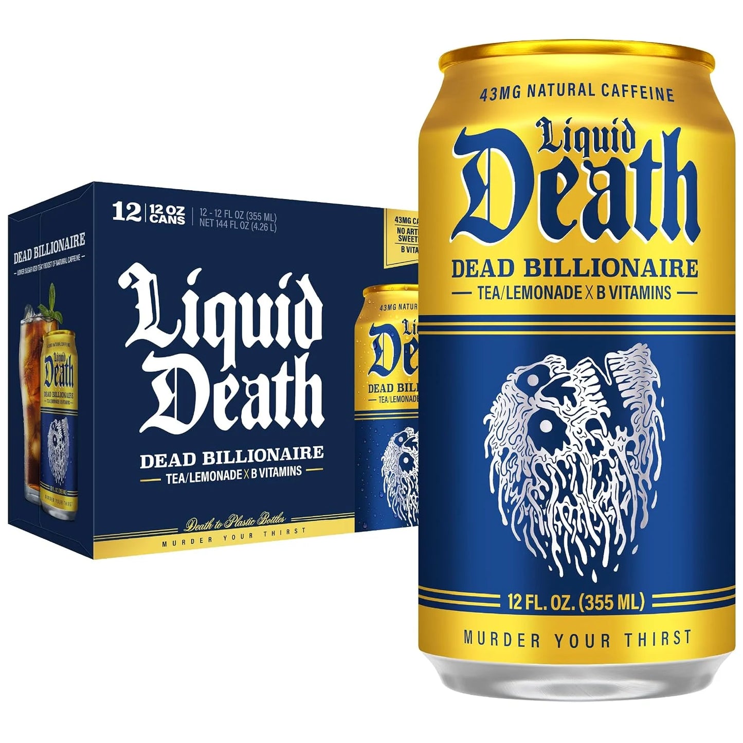 Liquid Death Iced Tea - Dead Billionaire (Black Tea/Lemonade), Less Sugar*, Boost of Caffeine, B Vitamins, No Artificial Sweeteners, 12 Fl Oz (Pack of 12)