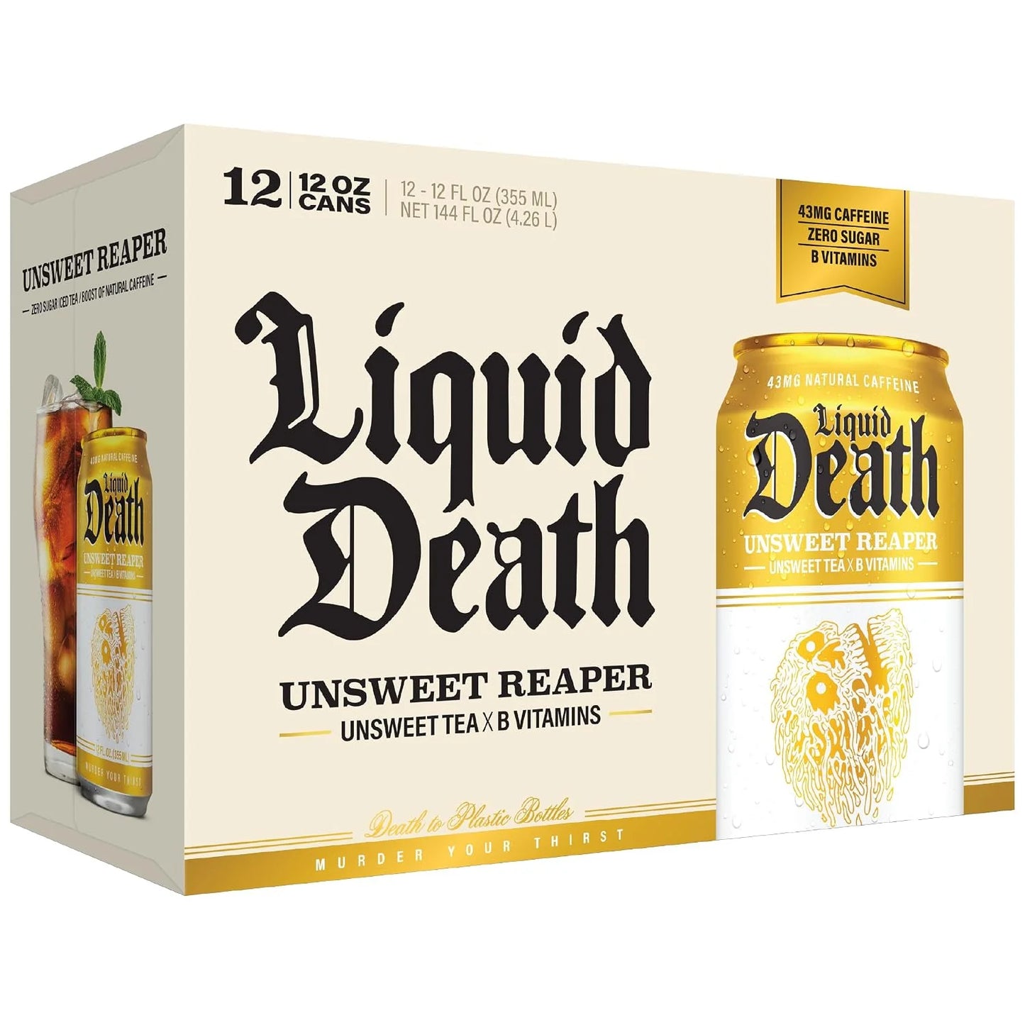 Liquid Death Iced Tea - Unsweet Reaper, Less Sugar*, Boost of Caffeine, B Vitamins, No Artificial Sweeteners, 12 Fl Oz (Pack of 12)