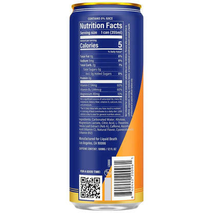 Liquid Death Sparkling Energy - Orange Horror (Orange and Cream), Zero Sugar Energy Drink, Unextreme Caffeine 100mg, Essential Vitamins, 12 Fl Oz (Pack of 12)