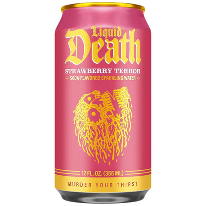 Liquid Death Soda-Flavored Sparkling Water - Strawberry Terror, Less Sugar*, Huge Flavor, No Caffeine, No Artificial Sweeteners, 12 Fl Oz (Pack of 12)