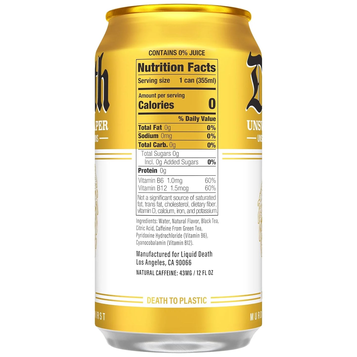 Liquid Death Iced Tea - Unsweet Reaper, Less Sugar*, Boost of Caffeine, B Vitamins, No Artificial Sweeteners, 12 Fl Oz (Pack of 12)