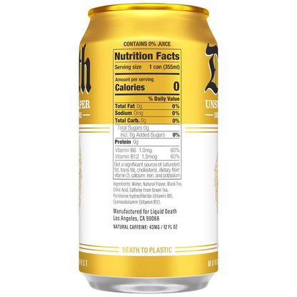 Liquid Death Iced Tea - Unsweet Reaper, Less Sugar*, Boost of Caffeine, B Vitamins, No Artificial Sweeteners, 12 Fl Oz (Pack of 12)