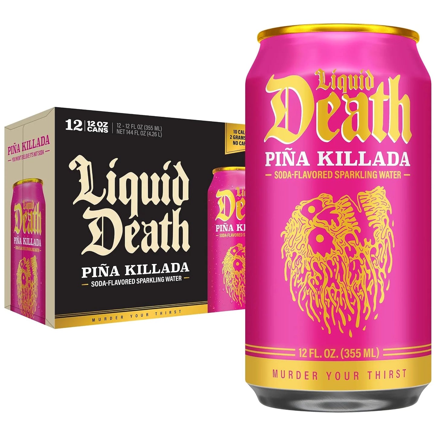 Liquid Death Soda-Flavored Sparkling Water - Piña Killada (Classic Piña Colada), Less Sugar*, Huge Flavor, No Caffeine, No Artificial Sweeteners, 12 Fl Oz (Pack of 12)