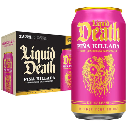 Liquid Death Soda-Flavored Sparkling Water - Piña Killada (Classic Piña Colada), Less Sugar*, Huge Flavor, No Caffeine, No Artificial Sweeteners, 12 Fl Oz (Pack of 12)