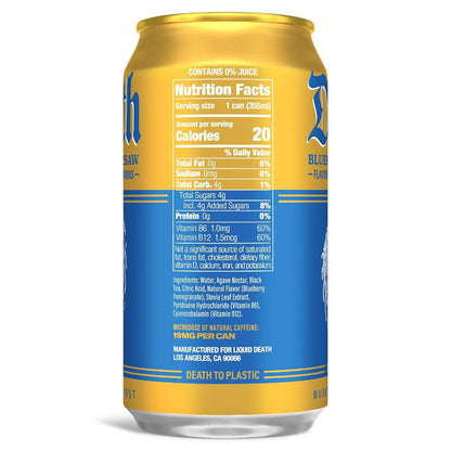 Liquid Death Iced Tea - Blueberry Buzzsaw (Blueberry-Flavored Black Tea), Less Sugar*, Boost of Caffeine, B Vitamins, No Artificial Sweeteners, 12 Fl Oz (Pack of 12)