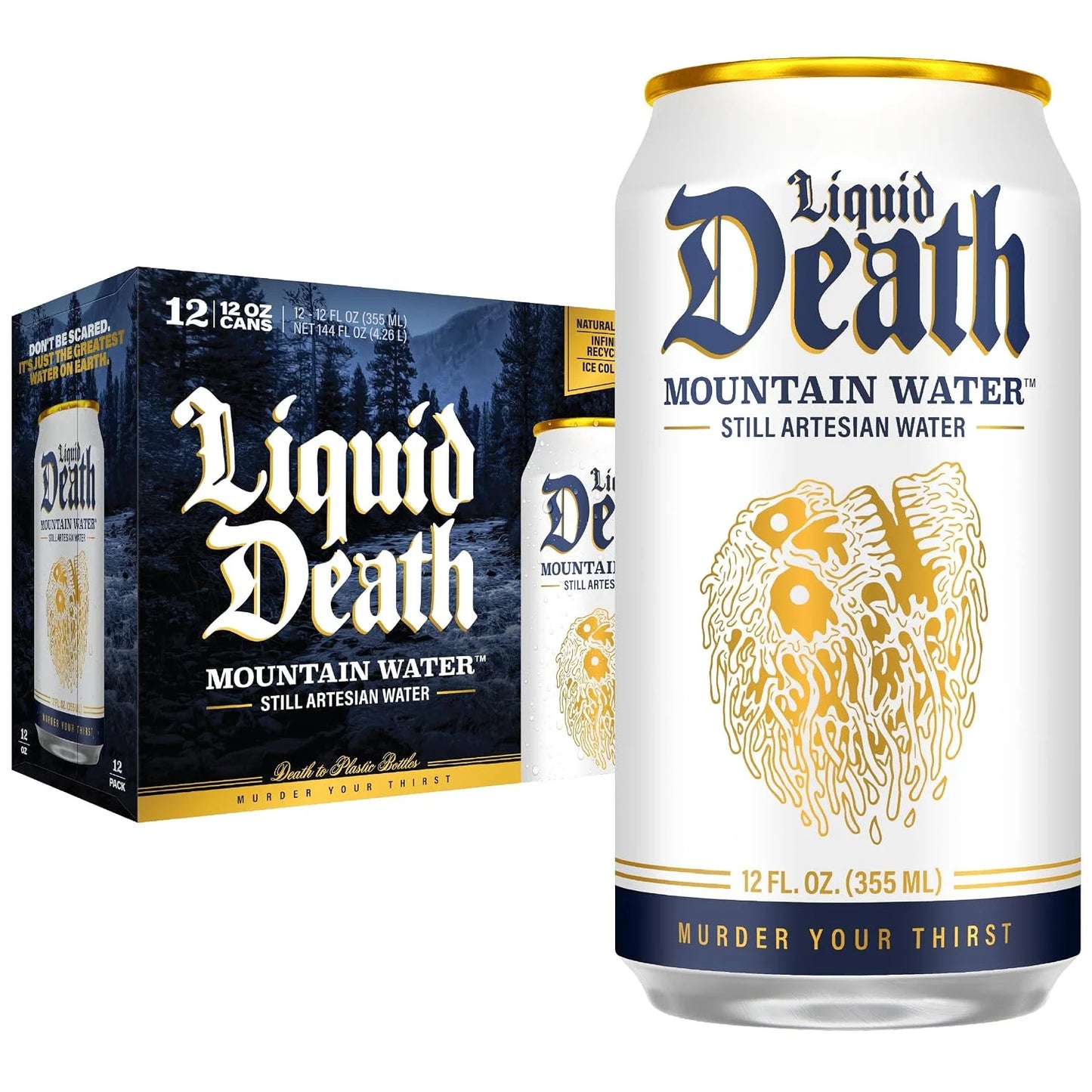 Liquid Death Still Mountain Water, Real Mountain Source, Ice-Cold Cans, Infinitely Recyclable, 12 Fl Oz (Pack of 12)