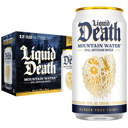 Liquid Death Still Mountain Water, Real Mountain Source, Ice-Cold Cans, Infinitely Recyclable, 12 Fl Oz (Pack of 12)