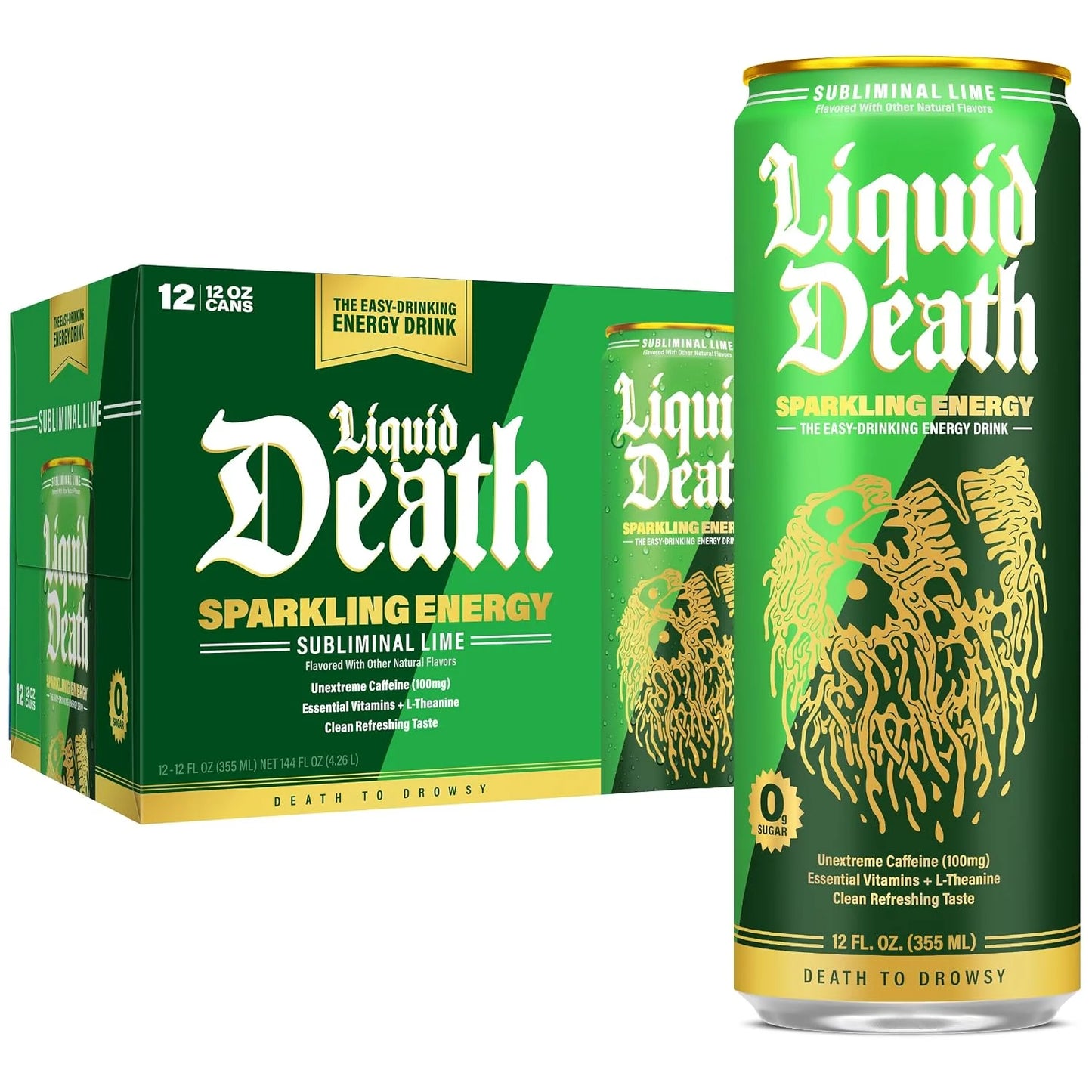 Liquid Death Sparkling Energy - Subliminal Lime (Lemon Lime), Zero Sugar Energy Drink, Unextreme Caffeine 100mg, Essential Vitamins, 12 Fl Oz (Pack of 12)