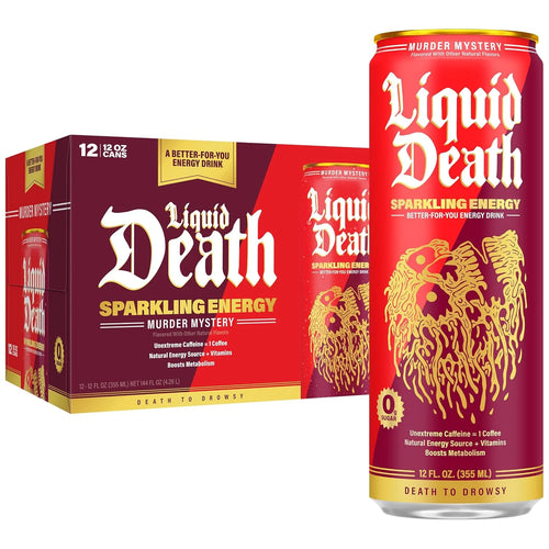 Liquid Death Sparkling Energy - Murder Mystery (Cherry, Cream, Spice), Zero Sugar Energy Drink, Unextreme Caffeine 100mg, Essential Vitamins, 12 Fl Oz (Pack of 12)