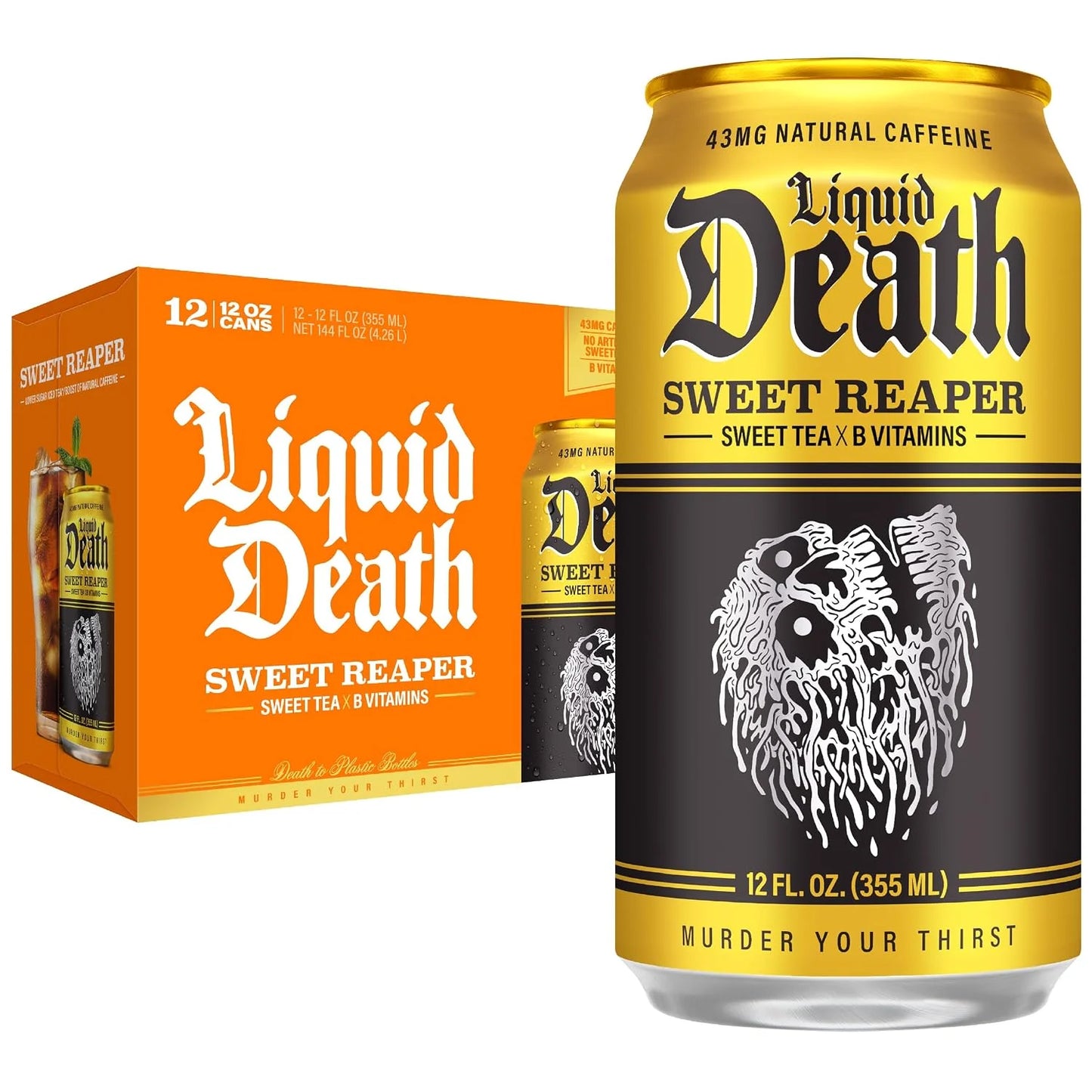 Liquid Death Iced Tea - Sweet Reaper (Black Sweet Tea), Less Sugar*, Boost of Caffeine, B Vitamins, No Artificial Sweeteners, 12 Fl Oz (Pack of 12)