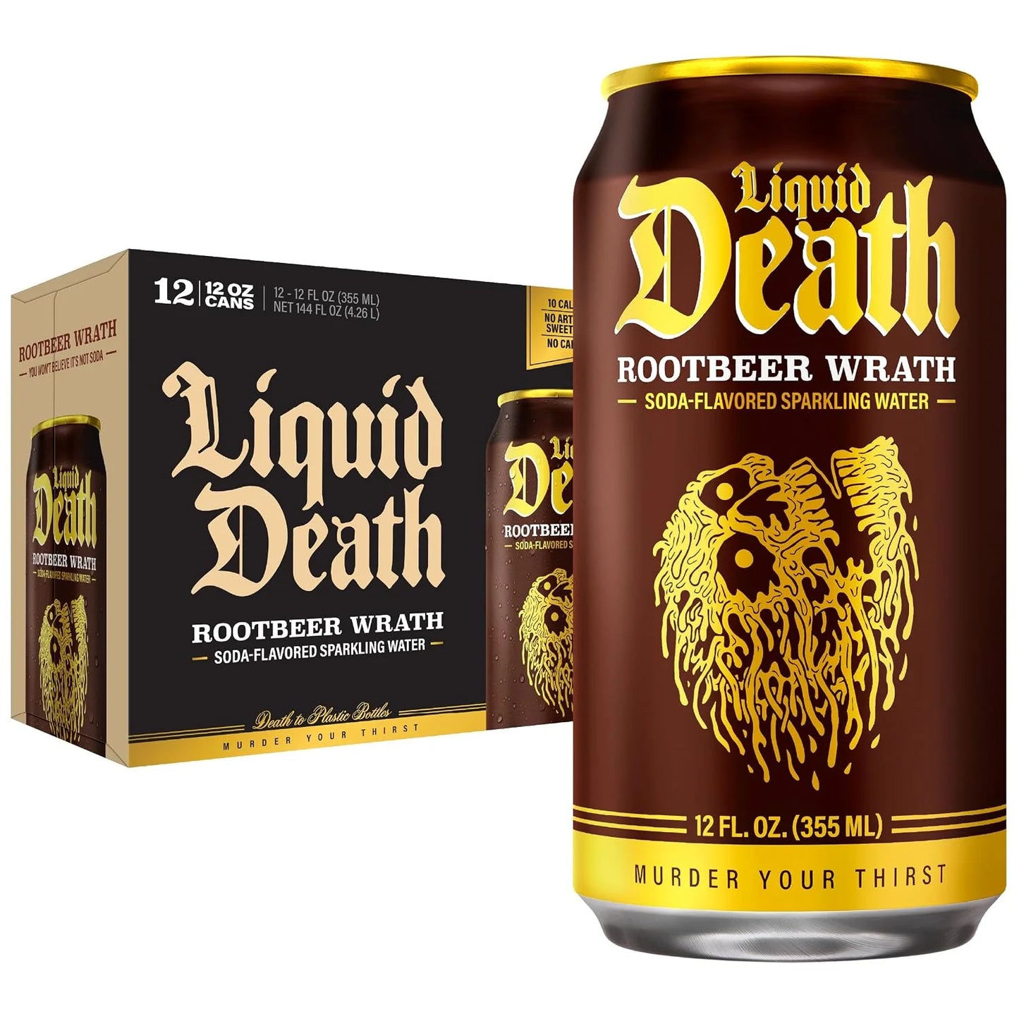 Liquid Death Soda-Flavored Sparkling Water - Rootbeer Wrath, Less Sugar*, Huge Flavor, No Caffeine, No Artificial Sweeteners, 12 Fl Oz (Pack of 12)