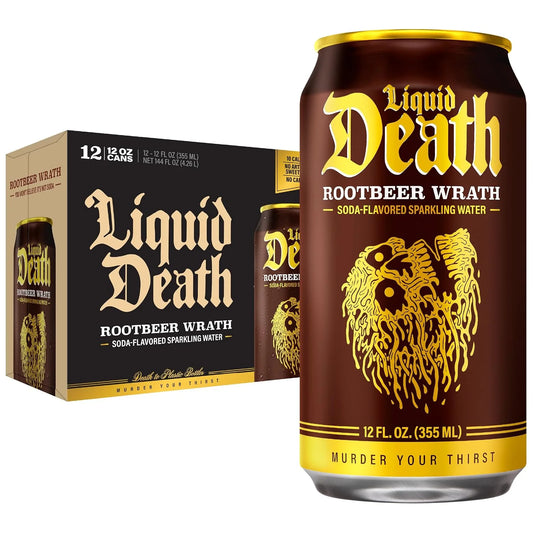 Liquid Death Soda-Flavored Sparkling Water - Rootbeer Wrath, Less Sugar*, Huge Flavor, No Caffeine, No Artificial Sweeteners, 12 Fl Oz (Pack of 12)