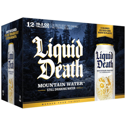 Liquid Death Still Mountain Water, Real Mountain Source, Ice-Cold Cans, Infinitely Recyclable, King Size 19.2 Fl Oz (Pack of 12)