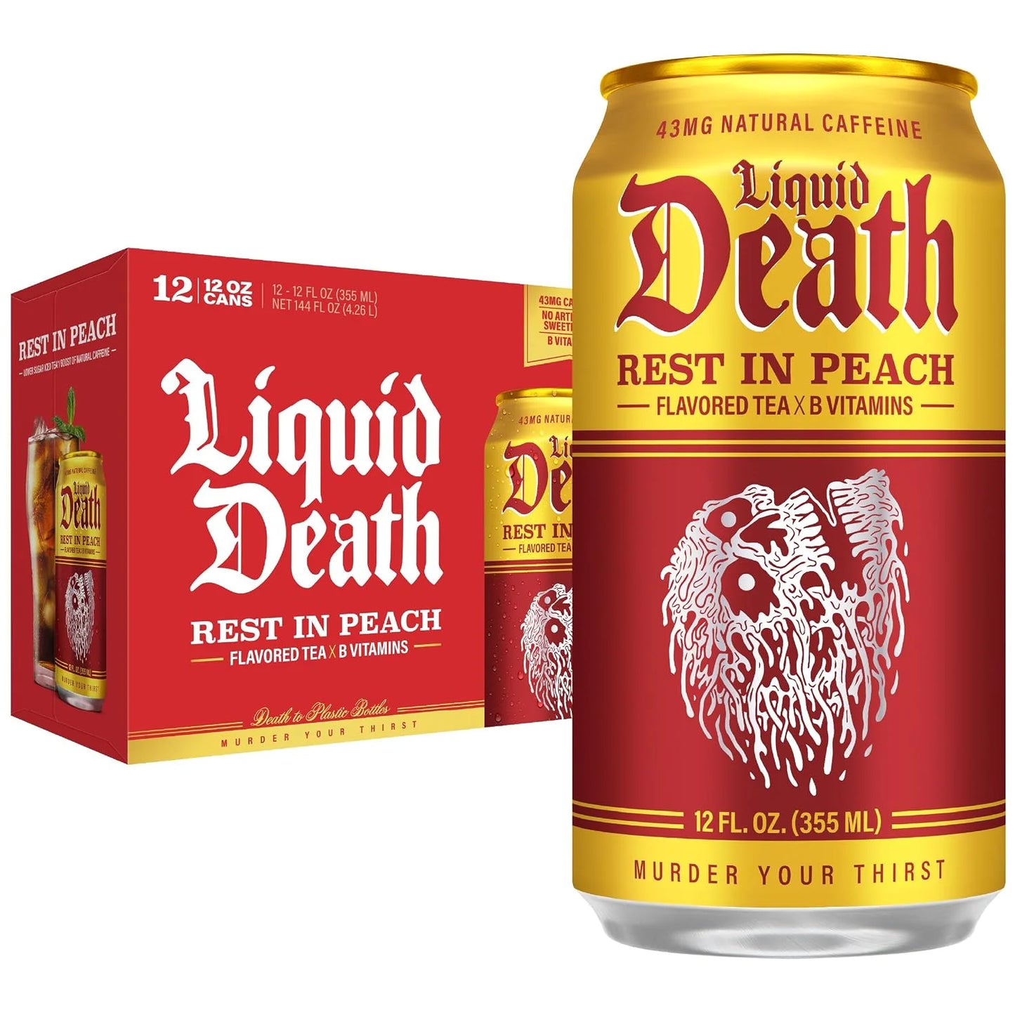Liquid Death Iced Tea - Rest In Peach (Peach-Flavored Black Tea), Less Sugar*, Boost of Caffeine, B Vitamins, No Artificial Sweeteners, 12 Fl Oz (Pack of 12)