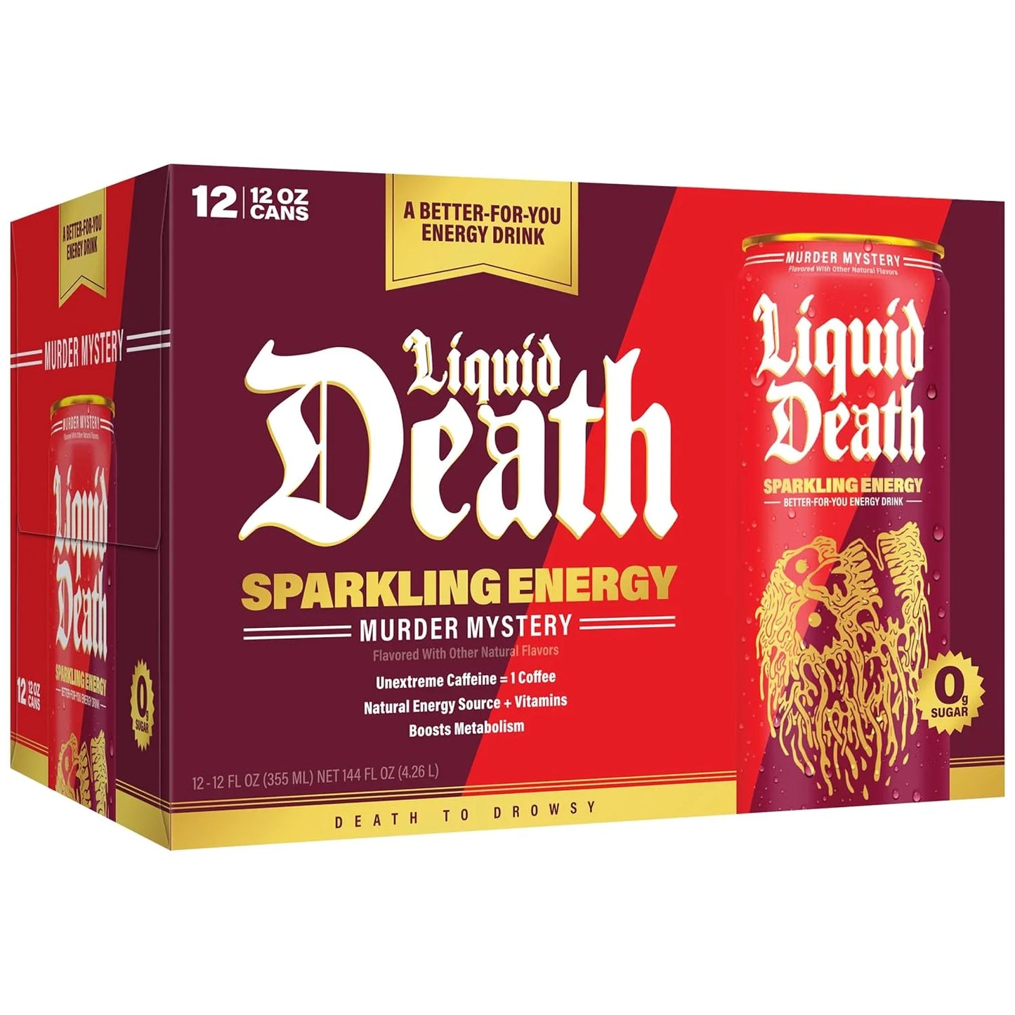 Liquid Death Sparkling Energy - Murder Mystery (Cherry, Cream, Spice), Zero Sugar Energy Drink, Unextreme Caffeine 100mg, Essential Vitamins, 12 Fl Oz (Pack of 12)