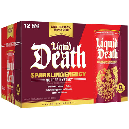 Liquid Death Sparkling Energy - Murder Mystery (Cherry, Cream, Spice), Zero Sugar Energy Drink, Unextreme Caffeine 100mg, Essential Vitamins, 12 Fl Oz (Pack of 12)