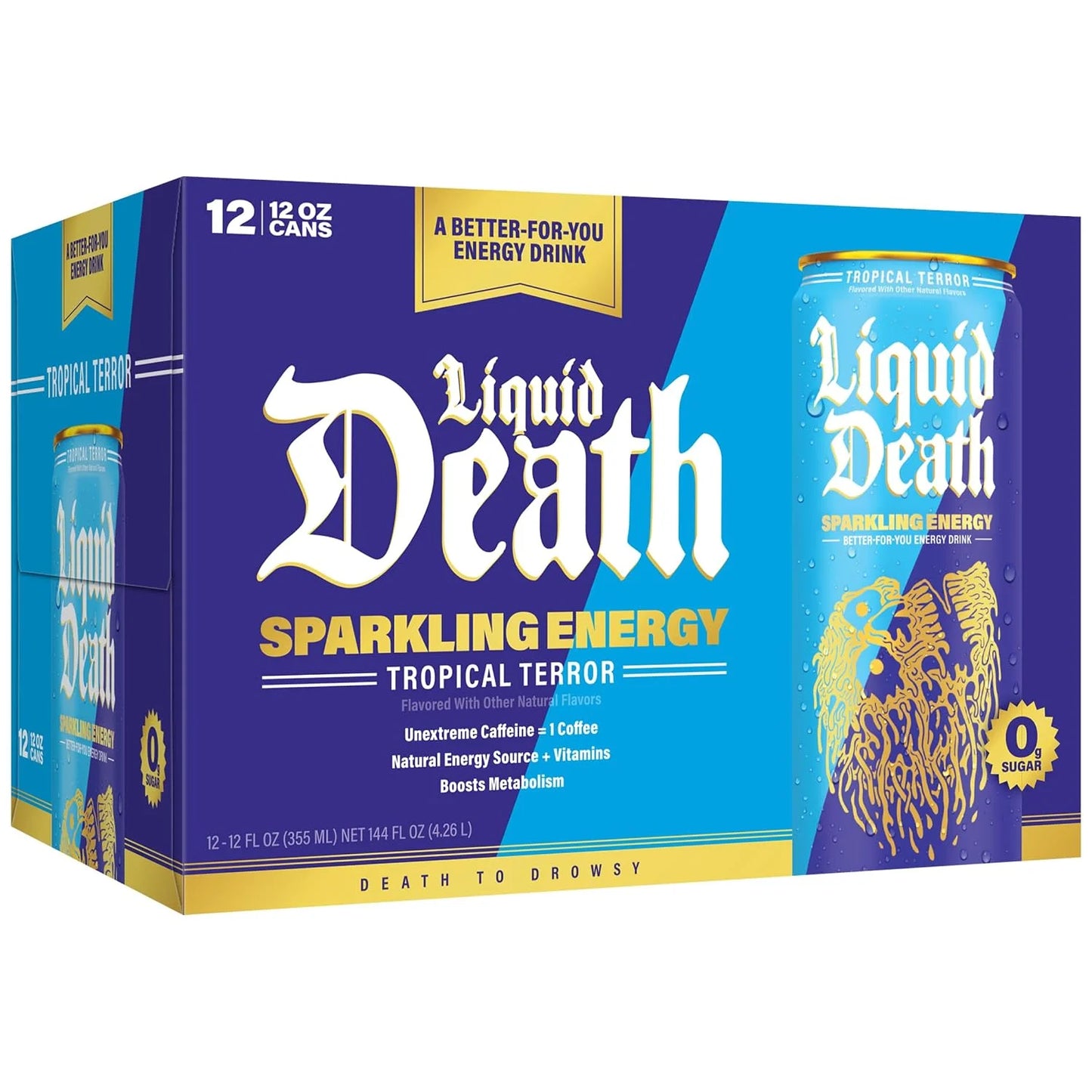 Liquid Death Sparkling Energy - Tropical Terror (Classic Piña Colada), Zero Sugar Energy Drink, Unextreme Caffeine 100mg, Essential Vitamins, 12 Fl Oz (Pack of 12)