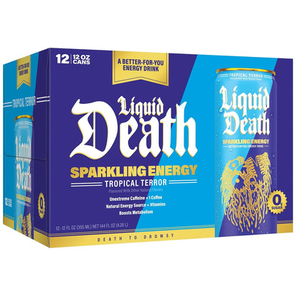 Liquid Death Sparkling Energy - Tropical Terror (Classic Piña Colada), Zero Sugar Energy Drink, Unextreme Caffeine 100mg, Essential Vitamins, 12 Fl Oz (Pack of 12)