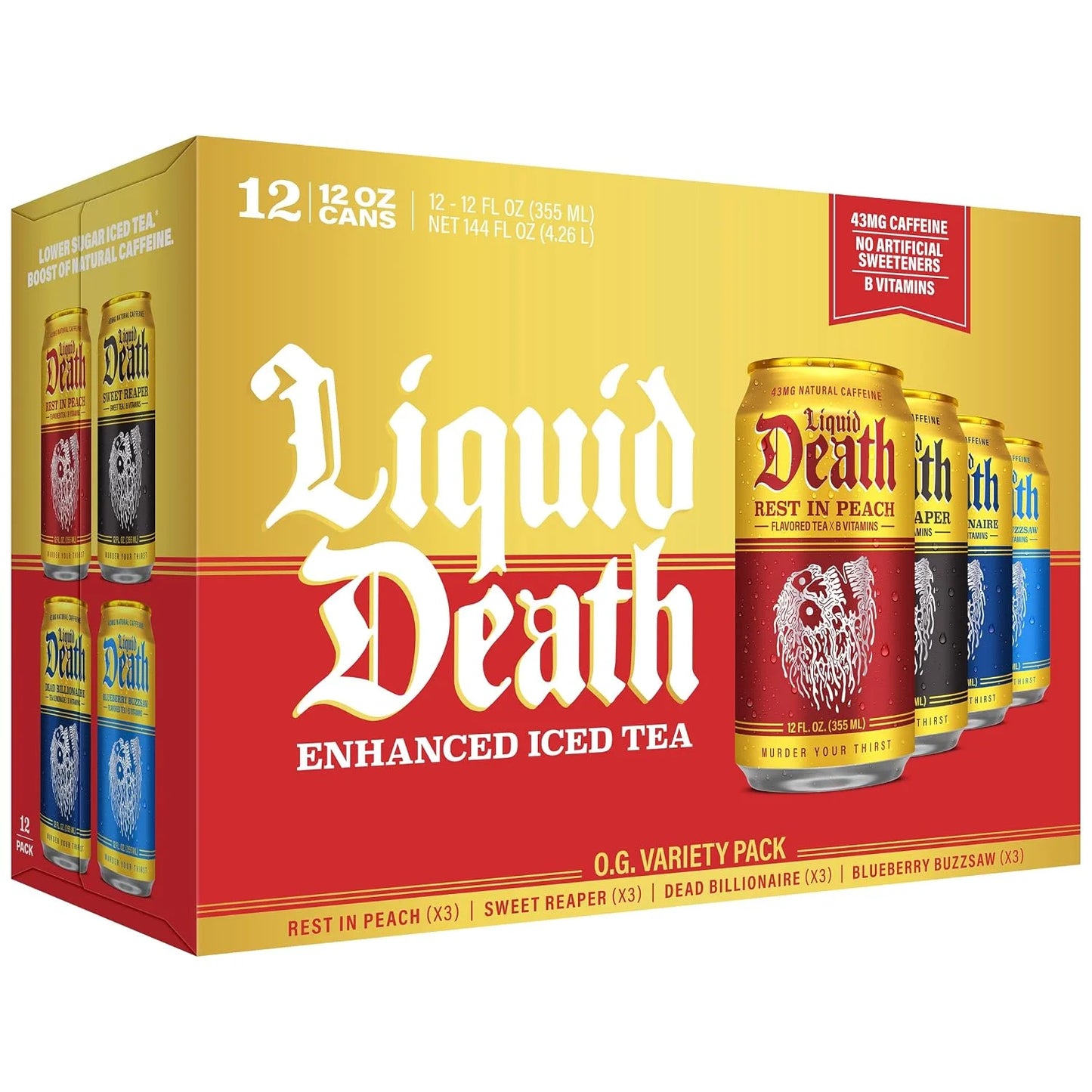Liquid Death Iced Tea - O.G. Variety, Less Sugar*, Boost of Caffeine, B Vitamins, No Artificial Sweeteners, 4 Flavors: Tea/Lemonade, Rest in Peach, Sweet Reaper, Blueberry Buzzsaw, 12 Fl Oz (Pack of 12)