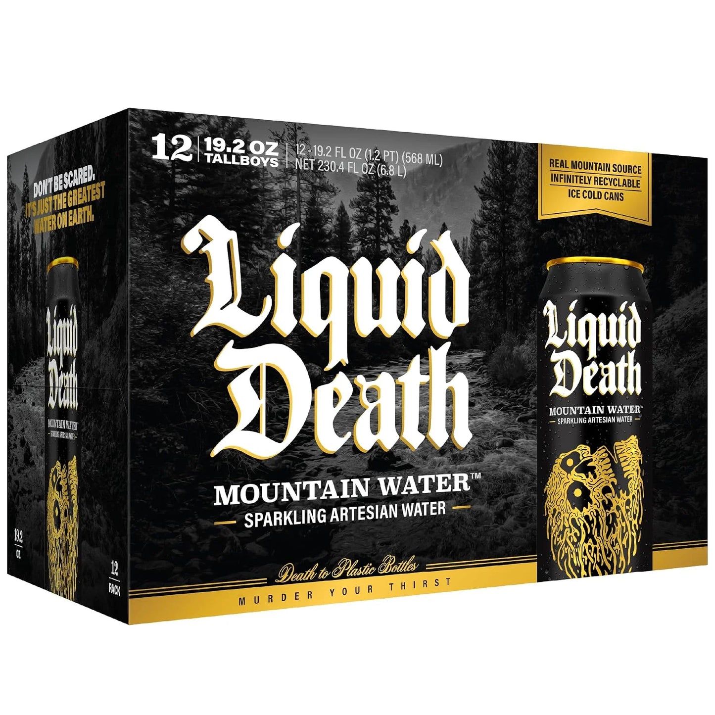 Liquid Death Sparkling Mountain Water, Real Mountain Source, Ice-Cold Cans, Infinitely Recyclable, King Size 19.2 Fl Oz (Pack of 12)