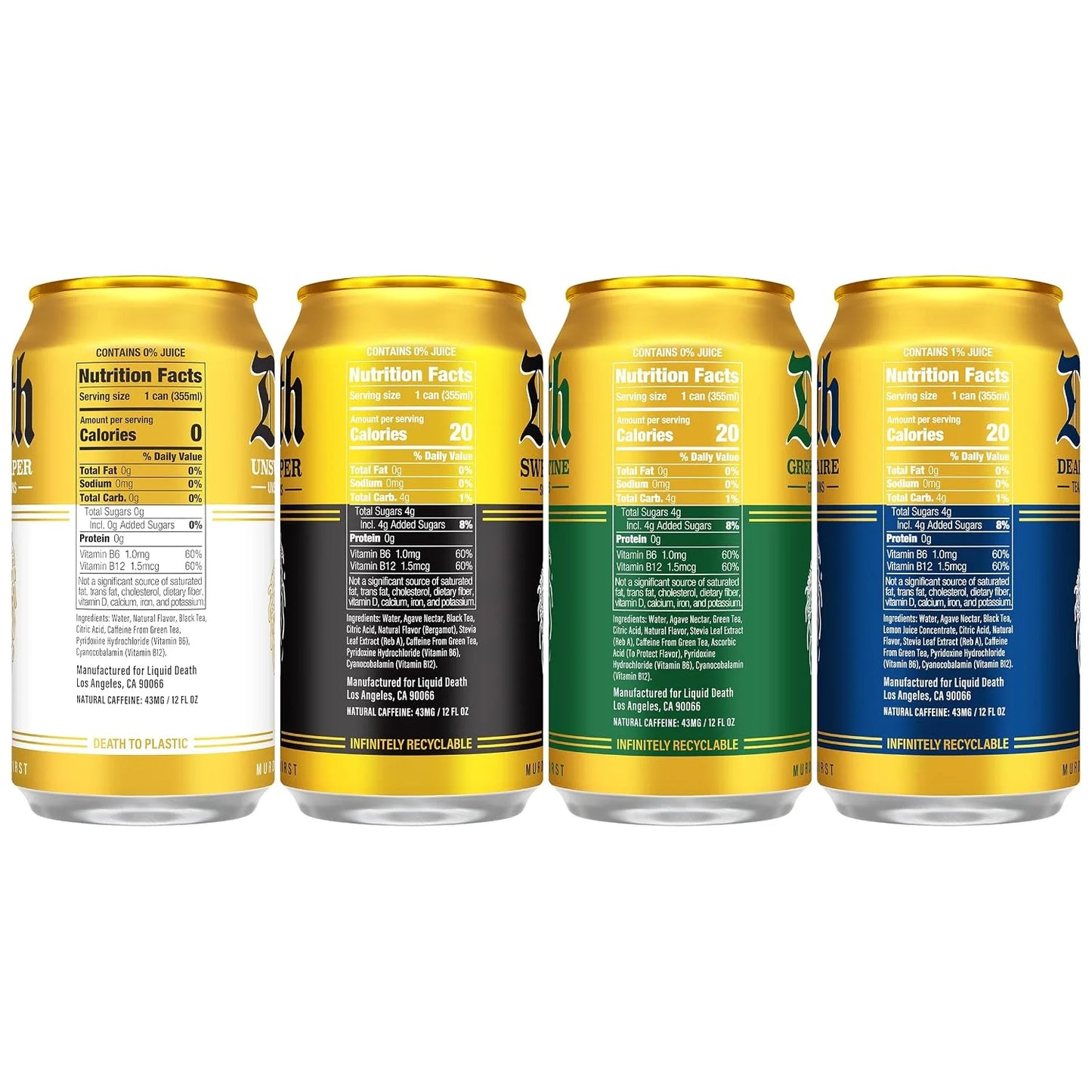 Liquid Death Iced Tea - Classic Variety, Less Sugar*, Boost of Caffeine, B Vitamins, No Artificial Sweeteners, 4 Flavors: Tea/Lemonade, Unsweet Reaper, Sweet Reaper, Green Guillotine, 12 Fl Oz (Pack of 12)