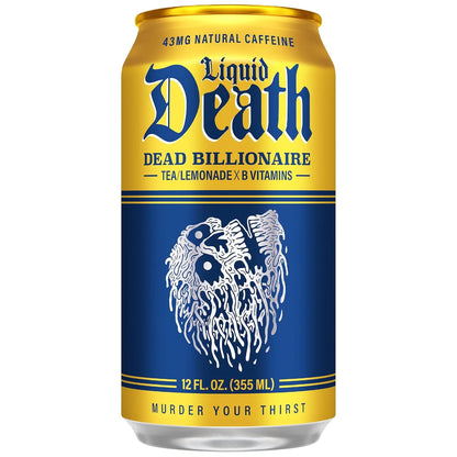 Liquid Death Iced Tea - Dead Billionaire (Black Tea/Lemonade), Less Sugar*, Boost of Caffeine, B Vitamins, No Artificial Sweeteners, 12 Fl Oz (Pack of 12)