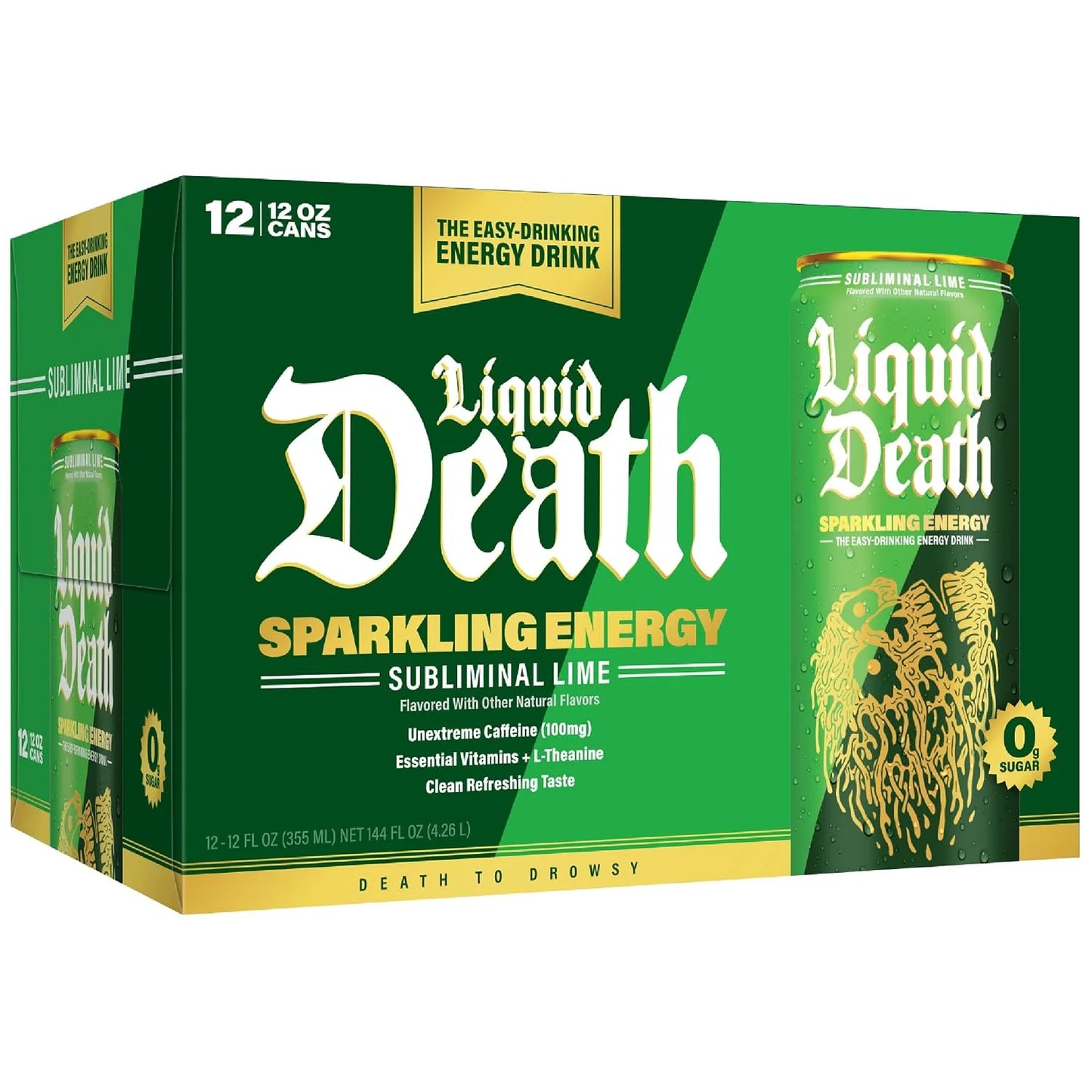 Liquid Death Sparkling Energy - Subliminal Lime (Lemon Lime), Zero Sugar Energy Drink, Unextreme Caffeine 100mg, Essential Vitamins, 12 Fl Oz (Pack of 12)
