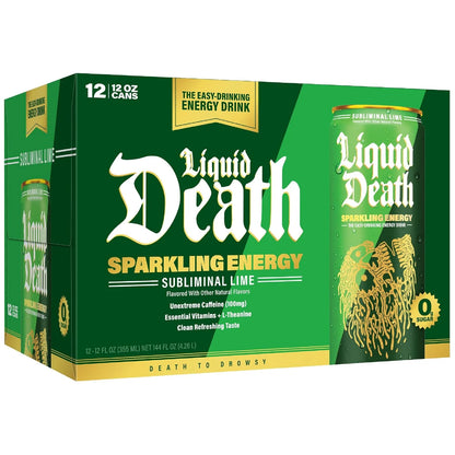 Liquid Death Sparkling Energy - Subliminal Lime (Lemon Lime), Zero Sugar Energy Drink, Unextreme Caffeine 100mg, Essential Vitamins, 12 Fl Oz (Pack of 12)