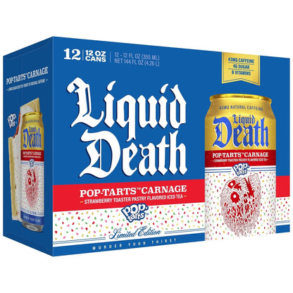 Liquid Death Iced Tea, Pop-Tarts™ Carnage (Pop-Tarts® Frosted Strawberry Toaster Pastry Flavored Black Tea), Less Sugar*, Boost of Caffeine, B Vitamins, No Artificial Sweeteners, 12 Fl Oz (Pack of 12)