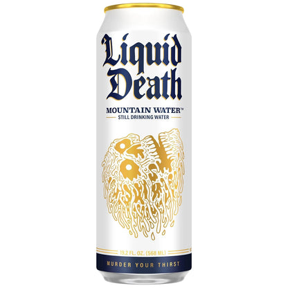 Liquid Death Still Mountain Water, Real Mountain Source, Ice-Cold Cans, Infinitely Recyclable, King Size 19.2 Fl Oz (Pack of 12)