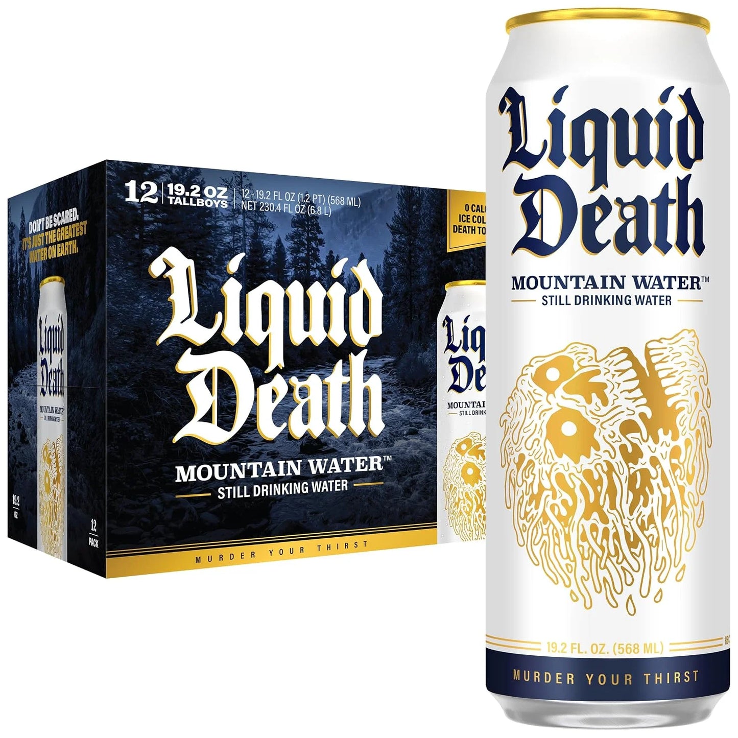 Liquid Death Still Mountain Water, Real Mountain Source, Ice-Cold Cans, Infinitely Recyclable, King Size 19.2 Fl Oz (Pack of 12)