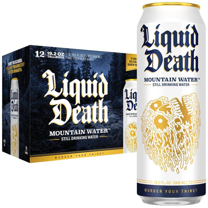 Liquid Death Still Mountain Water, Real Mountain Source, Ice-Cold Cans, Infinitely Recyclable, King Size 19.2 Fl Oz (Pack of 12)