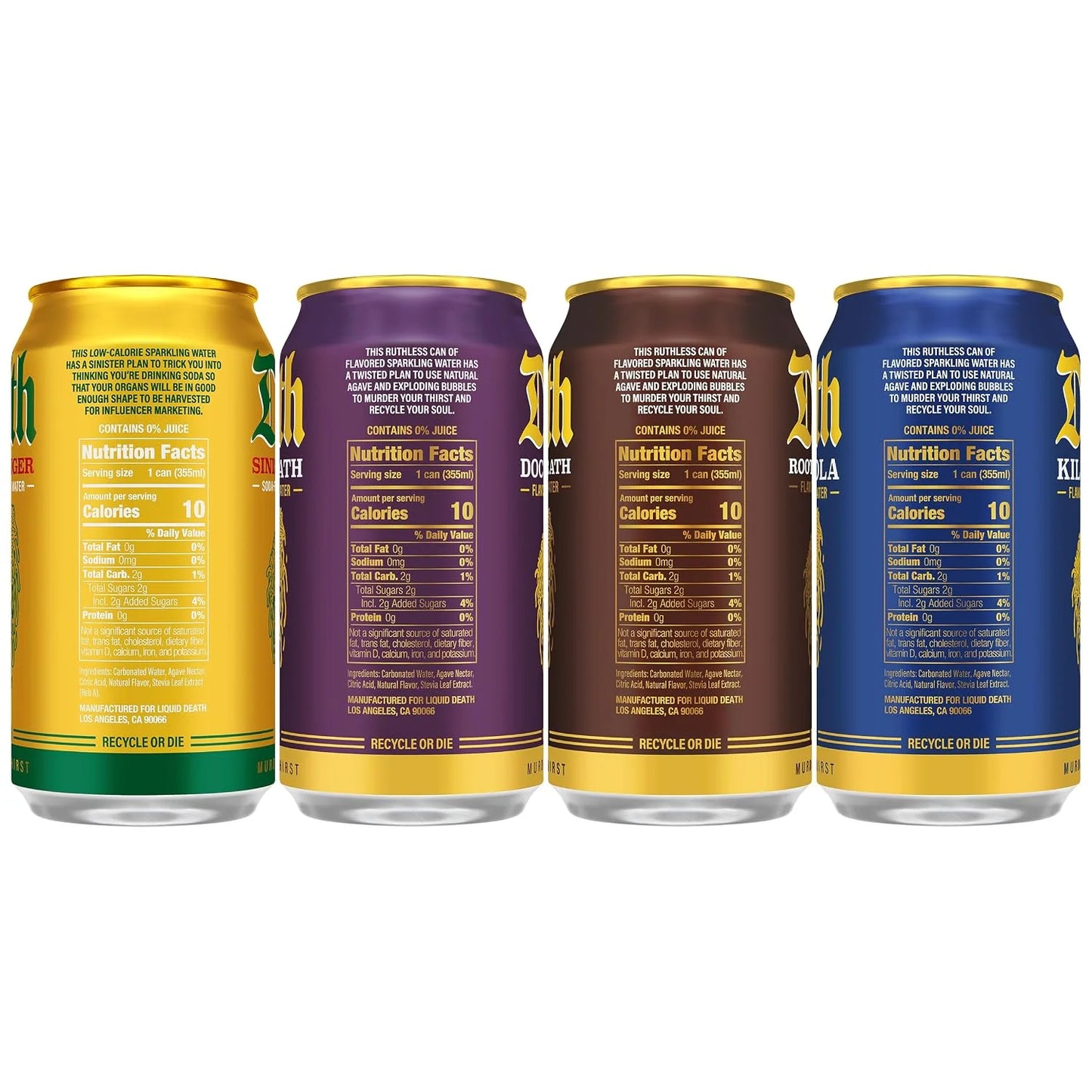 Liquid Death Soda-Flavored Sparkling Water - Classic Variety 2, Less Sugar*, Huge Flavor, No Artificial Sweeteners, 4 Flavors: Sinister Ginger, Doctor Death, Cola, Root Beer, 12 Fl Oz (Pack of 12)